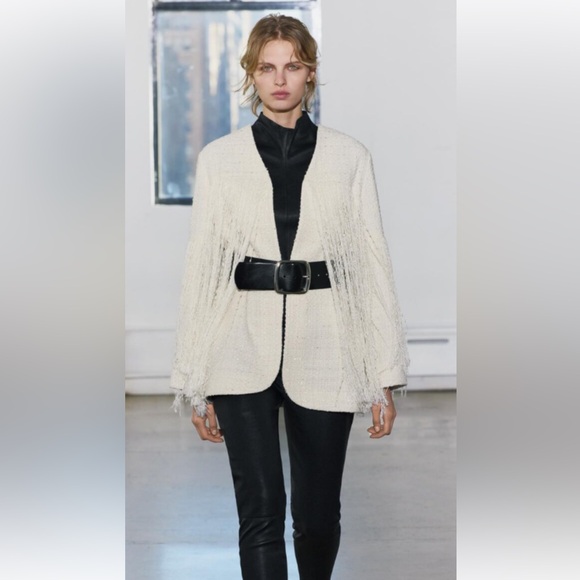 Zara Jackets & Blazers - ZARA Ecru Cream Fringe Open Cardigan Tweed Textured Structured Jacket Sze Small